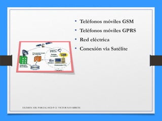 •
•
•
•

Teléfonos móviles GSM
Teléfonos móviles GPRS
Red eléctrica
Conexión vía Satélite

EXÁMEN 1ER. PARCIAL HCD P-12 VICTOR NAVARRETE

 
