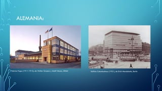 ALEMANIA:
Fábrica Fagus (1911-1912), de Walter Gropius y Adolf Meyer, Alfeld Edificio Columbushaus (1931), de Erich Mendelsohn, Berlín
 