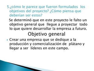 5.¿cómo le parece que fueron formulados  los objetivos del proyecto? ¿Cómo piensa que deberían ser estos?Se determinó que en este proyecto le falto un objetivo general que  llegue a proyectar  todo lo que quiere desarrollar la empresa a futuro.Objetivo generalCrear una empresa que se dedique a la producción y comercialización de  plátano y llegar a ser  líderes en este campo.