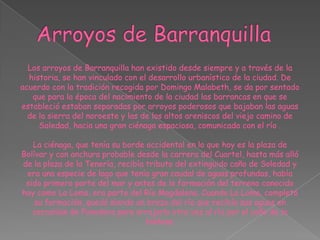 Arroyos de Barranquilla Los arroyos de Barranquilla han existido desde siempre y a través de la historia, se han vinculado con el desarrollo urbanístico de la ciudad. De acuerdo con la tradición recogida por Domingo Malabeth, se da por sentado que para la época del nacimiento de la ciudad las barrancas en que se estableció estaban separadas por arroyos poderosos que bajaban las aguas de la sierra del noroeste y las de los altos areniscos del viejo camino de Soledad, hacia una gran ciénaga espaciosa, comunicada con el río .La ciénaga, que tenía su borde occidental en lo que hoy es la plaza de Bolívar y con anchura probable desde la carrera del Cuartel, hasta más allá de la plaza de la Tenería, recibía tributo del extinguido caño de Soledad y era una especie de lago que tenía gran caudal de aguas profundas, había sido primero parte del mar y antes de la formación del terreno conocido hoy como La Loma, era parte del Río Magdalena. Cuando La Loma, completó su formación, quedó siendo un brazo del río que recibía sus aguas en cercanías de Ponedera para arrojarlo otra vez al río por el caño de la tablaza.