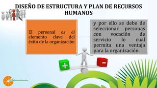 El personal es el
elemento clave del
éxito de la organización
y por ello se debe de
seleccionar personas
con vocación de
servicio lo cual
permita una ventaja
para la organización.
DISEÑO DE ESTRUCTURA Y PLAN DE RECURSOS
HUMANOS
 
