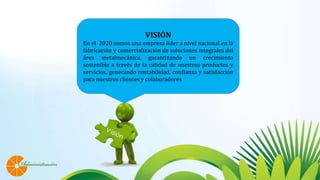 VISIÓN
En el 2020 somos una empresa líder a nivel nacional en la
fabricación y comercialización de soluciones integrales del
área metalmecánica, garantizando un crecimiento
sostenible a través de la calidad de nuestros productos y
servicios, generando rentabilidad, confianza y satisfacción
para nuestros clientes y colaboradores
 
