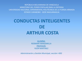 REPÚBLICA BOLIVARIANA DE VENEZUELA
MINISTERIO DEL PODER POPULAR PARA LA DEFENSA
UNIVERSIDAD NACIONAL EXPERIMENTAL POLITÉCNICA DE LA FUERZA ARMADA
ESTADO CARABOBO - SEDE NAGUANAGUA
ALUMNA:
ROSMARY MANZANILLA
PROFESOR:
YGOR MARTINEZ
Administración y Gestión Municipal, sección I-002
 
