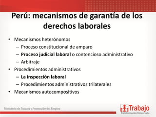 Perú: mecanismos de garantía de los
derechos laborales
• Mecanismos heterónomos
– Proceso constitucional de amparo
– Proceso judicial laboral o contencioso administrativo
– Arbitraje
• Procedimientos administrativos
– La inspección laboral
– Procedimientos administrativos trilaterales
• Mecanismos autocompositivos
 