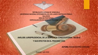 REPÚBLICA BOLIVARIANA DE VENEZUELA
UNIVERSIDAD NACIONAL EXPERIMENTAL DE LOS LLANOS CENTRALES RÓMULO
GALLEGOS
ÁREA DE POSTGRADO
ESPECIALIZACIÓN EN DERECHO PROCESAL CIVIL
ANÁLISIS JURISPRUDENCIAL DE LA SENTENCIA CONSTITUCIONAL 362/2018
Y SUS EFECTOS EN EL PROCESO CIVIL
AUTORA: MUNOZ BEATRIZ CAROLINA
Guanipa; Julio 2022
 