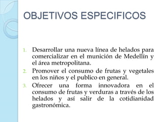 OBJETIVOS ESPECIFICOS


1. Desarrollar una nueva línea de helados para
   comercializar en el munición de Medellín y
   el área metropolitana.
2. Promover el consumo de frutas y vegetales
   en los niños y el publico en general.
3. Ofrecer una forma innovadora en el
   consumo de frutas y verduras a través de los
   helados y así salir de la cotidianidad
   gastronómica.
 