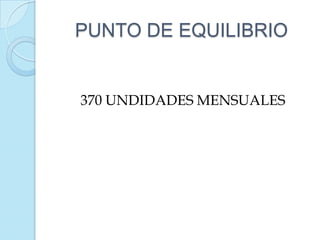 PUNTO DE EQUILIBRIO


370 UNDIDADES MENSUALES
 