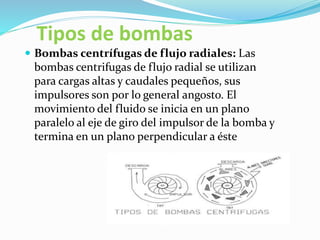 Tipos de bombas
 Bombas centrífugas de flujo radiales: Las
bombas centrifugas de flujo radial se utilizan
para cargas altas y caudales pequeños, sus
impulsores son por lo general angosto. El
movimiento del fluido se inicia en un plano
paralelo al eje de giro del impulsor de la bomba y
termina en un plano perpendicular a éste
 