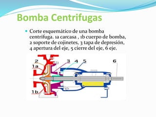 Bomba Centrifugas
 Corte esquemático de una bomba
centrífuga. 1a carcasa , 1b cuerpo de bomba,
2 soporte de cojinetes, 3 tapa de depresión,
4 apertura del eje, 5 cierre del eje, 6 eje.
 