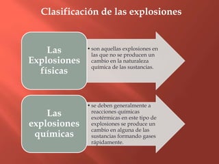 Clasificación de las explosiones
•son aquellas explosiones en
las que no se producen un
cambio en la naturaleza
química de las sustancias.
Las
Explosiones
físicas
•se deben generalmente a
reacciones químicas
exotérmicas en este tipo de
explosiones se produce un
cambio en alguna de las
sustancias formando gases
rápidamente.
Las
explosiones
químicas
 