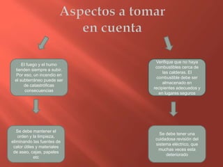El fuego y el humo
tienden siempre a subir.
Por eso, un incendio en
el subterráneo puede ser
de catastróficas
consecuencias
Verifique que no haya
combustibles cerca de
las calderas. El
combustible debe ser
almacenado en
recipientes adecuados y
en lugares seguros
Se debe mantener el
orden y la limpieza,
eliminando las fuentes de
calor útiles y materiales
de aseo, cajas, papeles
etc
Se debe tener una
cuidadosa revisión del
sistema eléctrico, que
muchas veces esta
deteriorado
 