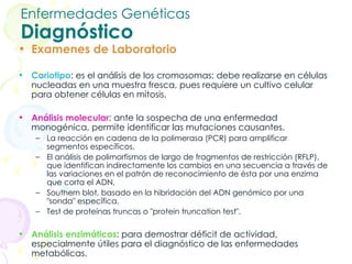 Enfermedades Genéticas Diagnóstico Examenes de Laboratorio   Cariotipo : es el análisis de los cromosomas; debe realizarse en células nucleadas en una muestra fresca, pues requiere un cultivo celular para obtener células en mitosis.  Análisis molecular : ante la sospecha de una enfermedad monogénica, permite identificar las mutaciones causantes.  La reacción en cadena de la polimerasa (PCR) para amplificar segmentos específicos,  El análisis de polimorfismos de largo de fragmentos de restricción (RFLP), que identifican indirectamente los cambios en una secuencia a través de las variaciones en el patrón de reconocimiento de ésta por una enzima que corta el ADN,  Southern blot, basado en la hibridación del ADN genómico por una "sonda" específica,  Test de proteínas truncas o "protein truncation test". Análisis enzimáticos : para demostrar déficit de actividad, especialmente útiles para el diagnóstico de las enfermedades metabólicas.  