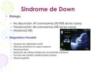 Sindrome de Down Etiología No disyunción: 47 cromosomas (92-95% de los casos) Translocación: 46 cromosomas (4% de los casos) Mosaico(2-4%) Diagnóstico Prenatal Muestra de vellosidad corial Alfa-feto proteína en suero materno Amniocentesis Extración de células fetales de circuloación materna Punción de cordón umbilical pércutanea Ultrasonografia 