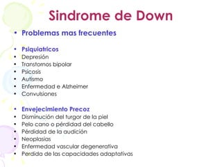 Sindrome de Down Problemas mas frecuentes Psiquiatricos Depresión Transtornos bipolar Psicosis Autismo Enfermedad e Alzheimer Convulsiones Envejecimiento Precoz Disminución del turgor de la piel Pelo cano o pérdidad del cabello Pérdidad de la audición Neoplasias Enfermedad vascular degenerativa Perdida de las capacidades adaptativas 