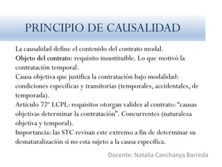 La causalidad define el contenido del contrato modal.
Objeto del contrato: requisito insustituible. Lo que motivó la
contratación temporal.
Causa objetiva que justifica la contratación bajo modalidad:
condiciones específicas y transitorias (temporales, accidentales, de
temporada).
Artículo 72º LCPL: requisitos otorgan validez al contrato: “causas
objetivas determinar la contratación”. Concurrentes (naturaleza
objetiva y temporal).
Importancia: las STC revisan este extremo a fin de determinar su
desnaturalización si no esta sujeto a la causa específica.
Docente: Natalia Canchanya Barreda
PRINCIPIO DE CAUSALIDAD
 