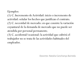 Ejemplos:
(1) C. Incremento deActividad: inicio o incremento de
actividad: señalar los hechos que justifican el contrato.
(2) C. necesidad de mercado: en que consiste la variación
coyuntural de la demanda de mercado que no puede ser
atendida por personal permanente.
(3) C. accidental/ocasional: la actividad que cubrirá el
trabajador no se trata de las actividades habituales del
empleador.
Docente: Natalia Canchanya Barreda
 