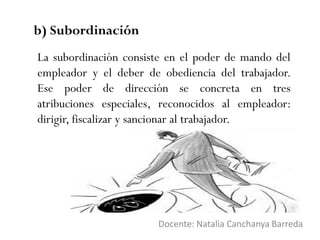 b) Subordinación
Docente: Natalia Canchanya Barreda
La subordinación consiste en el poder de mando del
empleador y el deber de obediencia del trabajador.
Ese poder de dirección se concreta en tres
atribuciones especiales, reconocidos al empleador:
dirigir, fiscalizar y sancionar al trabajador.
 