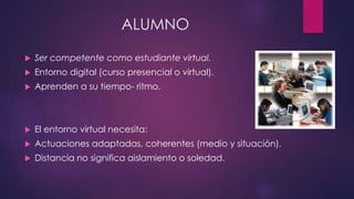 ALUMNO 
 Ser competente como estudiante virtual. 
 Entorno digital (curso presencial o virtual). 
 Aprenden a su tiempo- ritmo. 
 El entorno virtual necesita: 
 Actuaciones adaptadas, coherentes (medio y situación). 
 Distancia no significa aislamiento o soledad. 
 