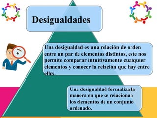 Desigualdades
Una desigualdad es una relación de orden
entre un par de elementos distintos, este nos
permite comparar intuitivamente cualquier
elementos y conocer la relación que hay entre
ellos.
Una desigualdad formaliza la
manera en que se relacionan
los elementos de un conjunto
ordenado.
 