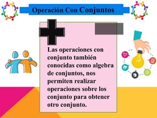 Operación Con Conjuntos
Las operaciones con
conjunto también
conocidas como algebra
de conjuntos, nos
permiten realizar
operaciones sobre los
conjunto para obtener
otro conjunto.
 