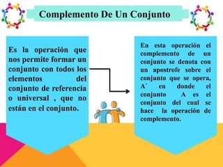 Complemento De Un Conjunto
Es la operación que
nos permite formar un
conjunto con todos los
elementos del
conjunto de referencia
o universal , que no
están en el conjunto.
En esta operación el
complemento de un
conjunto se denota con
un apostrofe sobre el
conjunto que se opera,
A` en donde el
conjunto A es el
conjunto del cual se
hace la operación de
complemento.
 