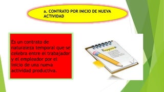 a. CONTRATO POR INICIO DE NUEVA
ACTIVIDAD
Es un contrato de
naturaleza temporal que se
celebra entre el trabajador
y el empleador por el
inicio de una nueva
actividad productiva.
 