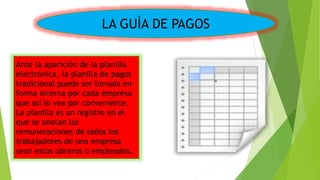 LA GUÌA DE PAGOS
Ante la aparición de la planilla
electrónica, la planilla de pagos
tradicional puede ser llevada en
forma interna por cada empresa
que así lo vea por conveniente.
La planilla es un registro en el
que se anotan las
remuneraciones de todos los
trabajadores de una empresa
sean estos obreros o empleados.
 