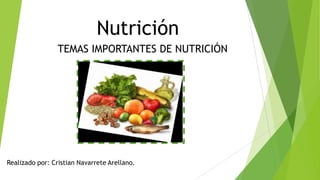 Nutrición
TEMAS IMPORTANTES DE NUTRICIÓN

Realizado por: Cristian Navarrete Arellano.

 