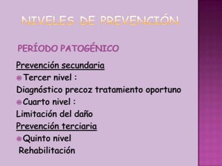 NIVELES DE PREVENCIÓNPERÍODO PATOGÉNICOPrevención secundariaTercer nivel :Diagnóstico precoz tratamiento oportunoCuarto nivel :Limitación del dañoPrevención terciariaQuinto nivel Rehabilitación