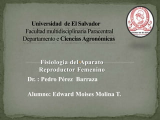 Fisiologia del Aparato
Reproductor Femenino
Dr. : Pedro Pérez Barraza
Alumno: Edward Moises Molina T.
 