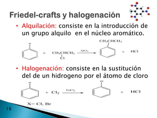 • Alquilación: consiste en la introducción de
       un grupo alquilo en el núcleo aromático.
                                           CH3CHCH3
         H


                                   AlCl3              HCl
              +     CH3CHCH3                      +
                      Cl


     • Halogenación: consiste en la sustitución
       del de un hidrogeno por el átomo de cloro
                                           Cl
         H



                           FeCl3
              + Cl2                               +   HCl


        X= Cl, Br
18
 