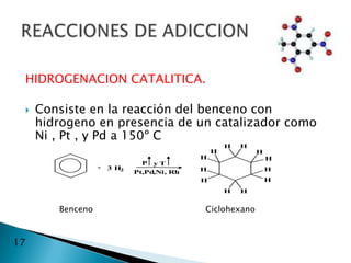 HIDROGENACION CATALITICA.

    Consiste en la reacción del benceno con
     hidrogeno en presencia de un catalizador como
     Ni , Pt , y Pd a 150º C
                                                    H   H
                                                H           H
                                            H                   H
                               P  yT
                  +   3 H2                  H                   H
                             Pt,Pd,Ni, Rh
                                            H                   H
                                                    H   H


        Benceno                             Ciclohexano



17
 