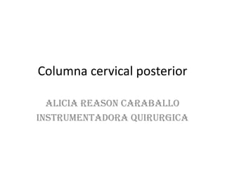 Columna cervical posterior
Alicia Reason CaraballO
INSTRUMENTADORA QUIRURGICA
 