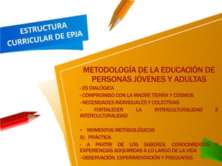 METODOLOGÍA DE LA EDUCACIÓN DE
PERSONAS JÓVENES Y ADULTAS
- ES DIALÓGICA
- COMPROMISO CON LA MADRE TIERRA Y COSMOS
- NECESIDADES INDIVIDUALES Y COLECTIVAS
- FORTALECER LA INTRACULTURALIDAD E
INTERCULTURALIDAD
• MOMENTOS METODOLÓGICOS
A) PRÁCTICA
- A PARTIR DE LOS SABERES, CONOCIMIENTOS Y
EXPERIENCIAS ADQUIRIDASA LO LARGO DE LA VIDA
- OBSERVACIÓN, EXPERIMENTACIÓN Y PREGUNTAS
 