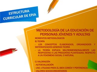 METODOLOGÍA DE LA EDUCACIÓN DE
PERSONAS JÓVENES Y ADULTAS
MOMENTOS METODOLÓGICOS
B) TEORÍA
- LOS CONCEPTOS ELABORADOS, ORGANIZADOS Y
SISTEMATIZADOSGENERAN TEORÍA
- LA TEORÍA EXPLICA MULTIDIMENSIONALMENTE LAS
RESPUESTAS A LAS PREGUNTAS PLANTEADAS, RESPECTO
A UN FENÓMENO SOCIAL O NATURAL
C) VALORACIÓN
- AUTOEVALUACIÓN
- USO, UTILIDADPARA EL BIEN COMÚN Y PERTINENCIA
- VALORES SOCIOCOMUNITARIOS
 