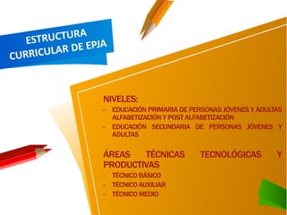 NIVELES:
- EDUCACIÓN PRIMARIA DE PERSONAS JÓVENES Y ADULTAS
ALFABETIZACIÓN Y POST ALFABETIZACIÓN
- EDUCACIÓN SECUNDARIA DE PERSONAS JÓVENES Y
ADULTAS
ÁREAS TÉCNICAS TECNOLÓGICAS Y
PRODUCTIVAS
- TÉCNICO BÁSICO
- TÉCNICO AUXILIAR
- TÉCNICO MEDIO
 