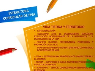 VIDA TIERRA Y TERRITORIO
• CARACTERIZACIÓN
- NECESIDAD ANTE EL DESEQUILIBRIO ECOLÓGICO,
EXPLOTACIÓN INDISCRIMINADA DE LA NATURALEZA Y LA
DESTRUCCIÓN DE LA VIDA
- RESPETO, CUIDADO, PRESERVACIÓN, PROTECCIÓN Y
PROMOCIÓN DE LA VIDA
- COMPLEMENTARIEDAD TIERRA TERRITORIO COMO SUJETO
DE DERECHOS DE VIDA
+ VIDA – INTERRELACIÓN ARMÓNICA CON MADRE TIERRA Y
EL COSMOS
+ TIERRA – SUPERFICIE O SUELO, FACTOR DE PRODUCCIÓN Y
SUJETO DE DERECHOS
+ TERRITORIO – ESPACIO COSMOGRÁFICO DELIMITADO POR
 