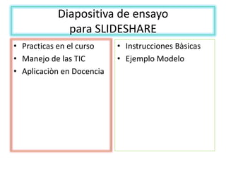 Diapositiva de ensayopara SLIDESHARE Practicas en el curso  Manejo de las TIC Aplicaciòn en Docencia Instrucciones Bàsicas Ejemplo Modelo 