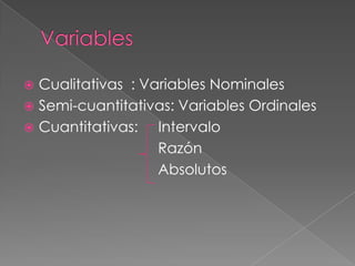VariablesCualitativas  : Variables Nominales Semi-cuantitativas: Variables OrdinalesCuantitativas:     Intervalo                                 Razón                                  Absolutos  