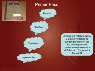 Primer Paso
Diseñar
Planificar
Organizar
Implementar
Artículo 33 “el libro Diario
y el de Inventarios no
pueden ponerse en uso
sin que hayan sido
previamente presentados
al Tribunal o Registrador
Mercantil
 