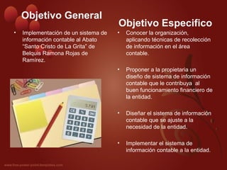 Objetivo General
• Implementación de un sistema de
información contable al Abato
“Santo Cristo de La Grita” de
Belquis Ramona Rojas de
Ramírez.
Objetivo Especifico
• Conocer la organización,
aplicando técnicas de recolección
de información en el área
contable.
• Proponer a la propietaria un
diseño de sistema de información
contable que le contribuya al
buen funcionamiento financiero de
la entidad.
• Diseñar el sistema de información
contable que se ajuste a la
necesidad de la entidad.
• Implementar el sistema de
información contable a la entidad.
 