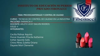INSTITUTO DE EDUCACIÓN SUPERIOR
PRIVADO FIBONACCI
TEMA: PROCESO,MATERIALES Y CONTROL DE CALIDAD
CURSO: TECNICAS DE CONTROL DE CALIDAD EN LA INDUSTRIA
FACULTAD: FARMACIA V
DOCENTE: ARLETH VICKY BALVIN RIVEROS
CICLO: V
INTEGRANTES:
Cecilia Polinar Aquino
Ponce Huamán Priscila Katherine
Esther Aponte Solís
Chino Pérez Zuleika Oriana
Dayane Morí Clemente
 