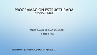 PROGRAMACION ESTRUCTURADA
SECCION: 0463
ANGEL YASSEL DE JESUS DELGADO
19-EIIN-1-063
PROFESOR: STARLING GERMOSEN REYNOSO
 