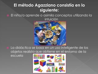 El método Agazziano consistía en lo 
siguiente: 
 El niño/a aprende o asimila conceptos utilizando la 
intuición 
 La didáctica se basa en un uso inteligente de los 
objetos realista que obtiene en el entorno de la 
escuela 
 