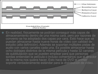 En realidad, físicamente se podrían conseguir más capas de almacenamiento dentro de una misma cara, pero por razones de convenio se ha adoptado dos capas por cara. Esto hace que se puedan almacenar hasta nueve horas de vídeo con calidad de estudio (alta definición). Además se soportan múltiples pistas de audio con varios canales cada una. Es posible almacenar hasta ocho doblajes distintos de la misma película y hasta 32 canales de subtitulación que se pueden emplear para que personas sordas entiendan la película o incluso comentarios que el director de la misma nos quiera hacer. Esto hace de DVD el primer soporte verdaderamente estándar para la distribución de vídeo.