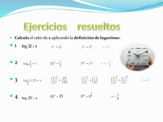  Calcula el valor de x aplicando la definición de logaritmo: 
 1 
 2 
 3 
 4 
 