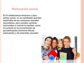Maduración sexual 
En la adolescencia temprana y para 
ambos sexos, no se manifiestan grandes 
desarrollos de los caracteres sexuales 
secundarios, pero suceden cambios 
hormonales a nivel de la hipófisis, como 
el aumento en la concentración de 
gonadotropinas (hormona folículo 
estimulante) y de esteroides sexuales. 
 