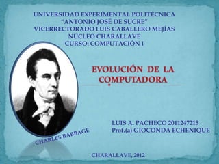 UNIVERSIDAD EXPERIMENTAL POLITÉCNICA
       “ANTONIO JOSÉ DE SUCRE”
VICERRECTORADO LUIS CABALLERO MEJÍAS
         NÚCLEO CHARALLAVE
        CURSO: COMPUTACIÓN I




                    LUIS A. PACHECO 2011247215
                    Prof.(a) GIOCONDA ECHENIQUE



              CHARALLAVE, 2012
 