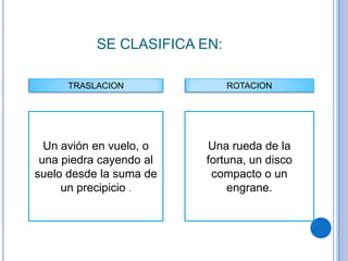 SE CLASIFICA EN:
TRASLACION
Un avión en vuelo, o
una piedra cayendo al
suelo desde la suma de
un precipicio .
ROTACION
Una rueda de la
fortuna, un disco
compacto o un
engrane.
 