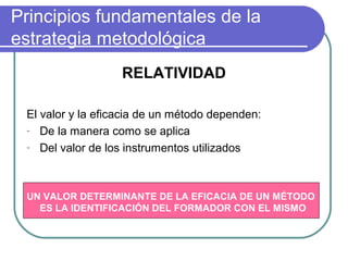 Principios fundamentales de la
estrategia metodológica
RELATIVIDAD
El valor y la eficacia de un método dependen:
- De la manera como se aplica
- Del valor de los instrumentos utilizados
UN VALOR DETERMINANTE DE LA EFICACIA DE UN MÉTODO
ES LA IDENTIFICACIÓN DEL FORMADOR CON EL MISMO
 